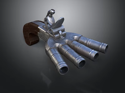 Vintage Multi Barrel Handgun With Wooden Grip And Metal Barrels 3d model