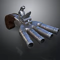 Vintage Multi Barrel Handgun With Wooden Grip And Metal Barrels