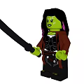 Green Skin Building Blocks Minifigure Black Hair Purple Streaks Red Jacket Black Pants Holding Sword