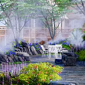 Serene Courtyard Garden With Green Trees Blue Flowers Rocks Table Chairs And Misty Atmosphere