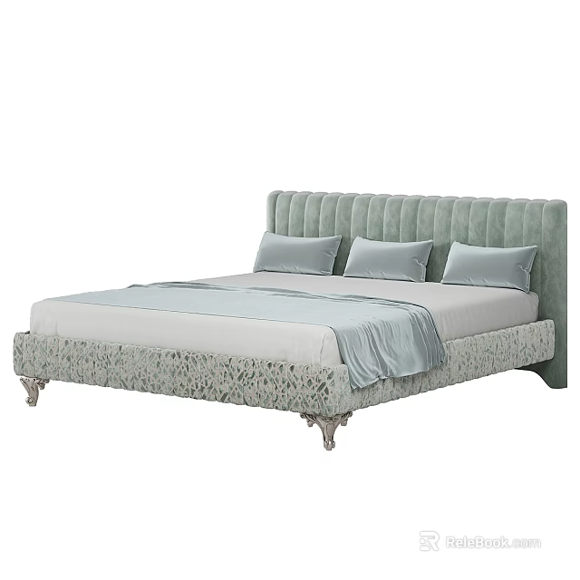 Elegant Double Bed With Tufted Upholstered Headboard Light Gray Pillows Soft Sheets And Textured Frame 3d model