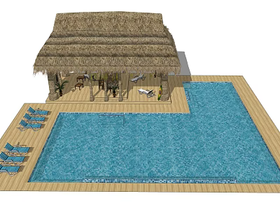 Relaxing Outdoor Retreat With Thatched Roof Pavilion Swimming Pool Wooden Deck Lounge Chairs And Plants 3d model