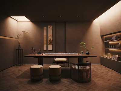 Traditional Japanese Tea Room Interior Design With Wooden Table Cushions And Decorative Paintings 3d model