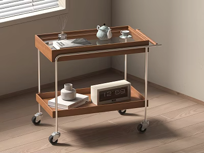 Multifunctional Rolling Side Table With Two Tiers Wooden Top And Metal Frame For Living Room 3d model
