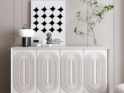 Modern White Entryway Side Cabinet with Carved Panels Lamp Sculpture Green Plant and Wall Art 3d model