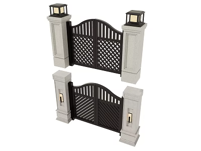 Classic Swing Door Design With Stone Pillars Lattice Panels And Decorative Lamps 3d model