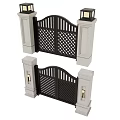 Classic Swing Door Design With Stone Pillars Lattice Panels And Decorative Lamps