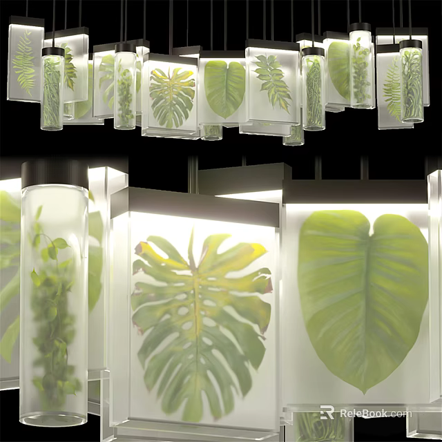 Modern Decorative Chandelier With Transparent Glass And Green Leaf Patterns For Interior Design 3d model 