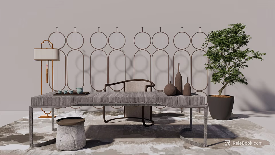Elegant Tea Table And Chairs With Circular Pattern Screen Potted Plant And Stool 3d model 