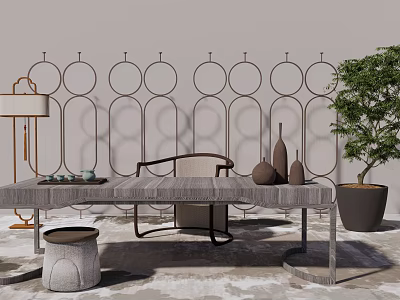 Elegant Tea Table And Chairs With Circular Pattern Screen Potted Plant And Stool 3d model