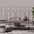 Elegant Tea Table And Chairs With Circular Pattern Screen Potted Plant And Stool
