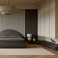 Modern Bedroom Interior With Gray Bed Striped Accent Wall And Herringbone Floor
