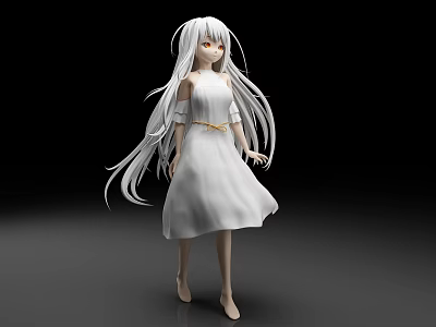 Anime Style 3D Character Standing With White Long Hair White Dress And Golden Belt 3d model