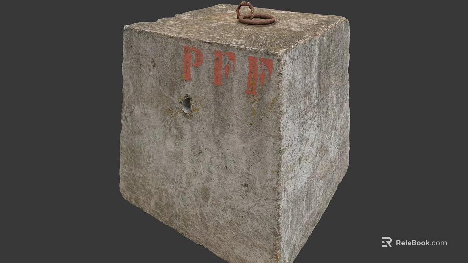 Concrete Block With Red PFF Letters Metal Ring On Top And Hole 3d model 