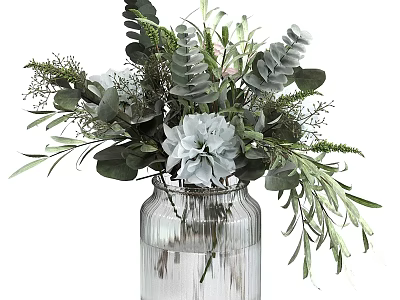 Elegant Decorative Flower Arrangement In Transparent Glass Vase With White Flowers And Green Leaves 3d model