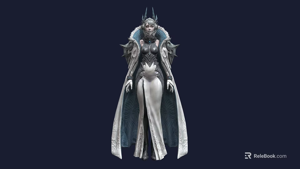 Mythical Game Movie Character With Horned Crown Long Cape and Frosty Armor Design 3d model 