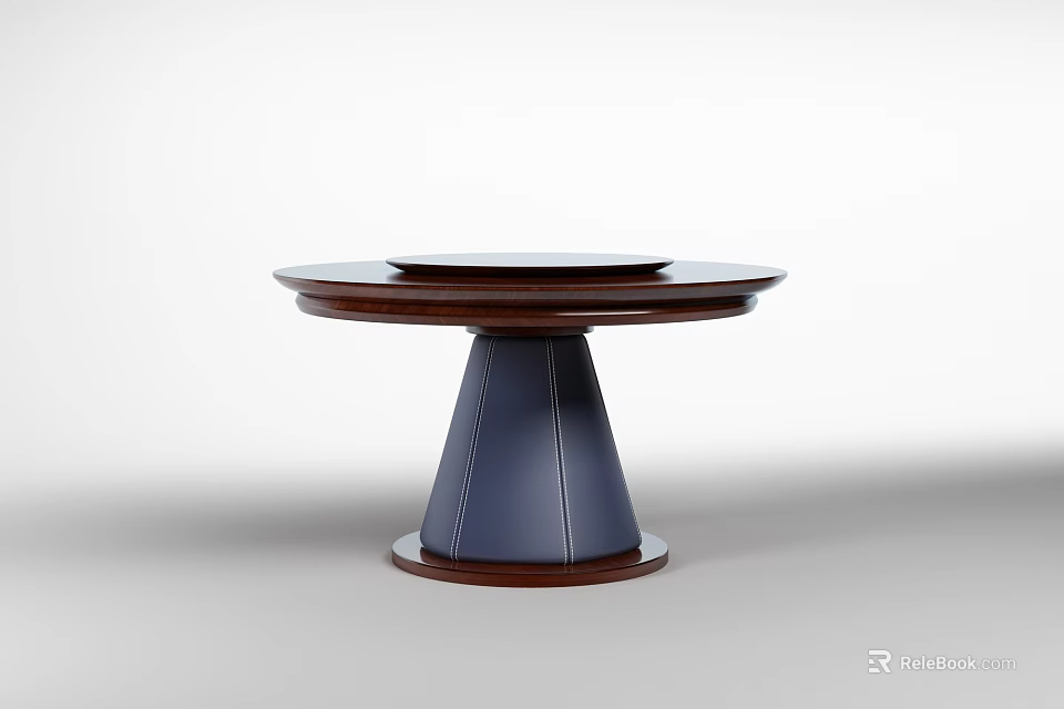 Modern Round Dining Table With Wooden Tabletop And Dark Blue Tapered Base 3d model 