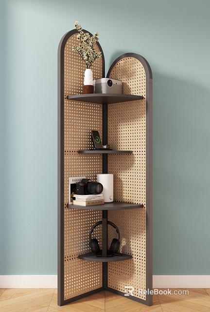 Modern Perforated Panel Shelf With Camera Books Headphones And Gadgets On 3d model 