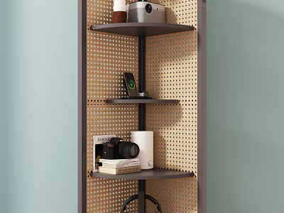 Modern Perforated Panel Shelf With Camera Books Headphones And Gadgets On 3d model