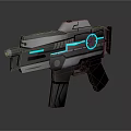 Futuristic Sci Fi Gun Featuring Silver Gray Design Blue Neon Lights And Circular Glowing Symbol