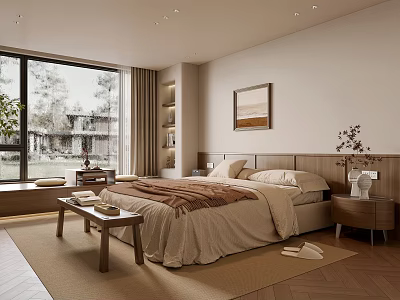 Cozy Modern Bedroom Interior Featuring Beige Bedding Wooden Nightstand Large Window Natural Light And Rug 3d model