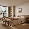 Cozy Modern Bedroom Interior Featuring Beige Bedding Wooden Nightstand Large Window Natural Light And Rug
