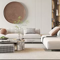 Modern Living Room Interior With Round Decorative Wall Art Sofa And Bookshelves