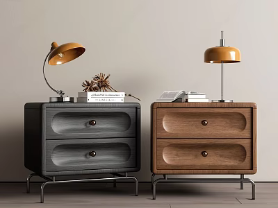 Modern Bedside Tables With Black And Brown Finishes Two Drawers Table Lamps And Decorative Items 3d model