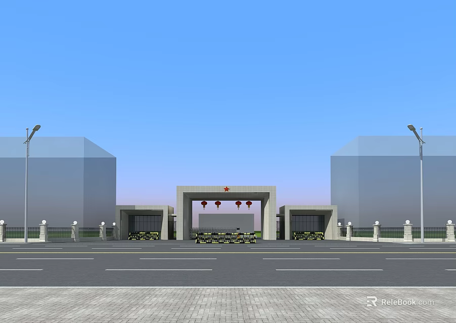 Entrance Gate With Red Lanterns Between Modern Buildings And Street Lamps 3d model 