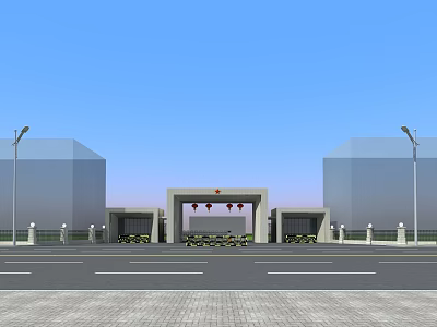 Entrance Gate With Red Lanterns Between Modern Buildings And Street Lamps 3d model