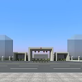 Entrance Gate With Red Lanterns Between Modern Buildings And Street Lamps