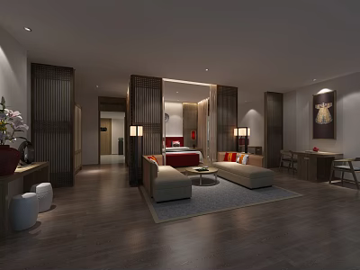 Chinese Style Hotel Guest Room With Wooden Screens Bed Sofa Coffee Table And Decorative Art 3d model