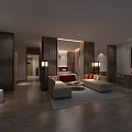 Chinese Style Hotel Guest Room With Wooden Screens Bed Sofa Coffee Table And Decorative Art