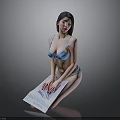 A Woman in Blue Lingerie Kneeling on Floor Posing with Newspaper