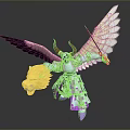 Fantasy Game Warrior Character With Golden Wings Red Horns Silver Armor And Lion Head Sword