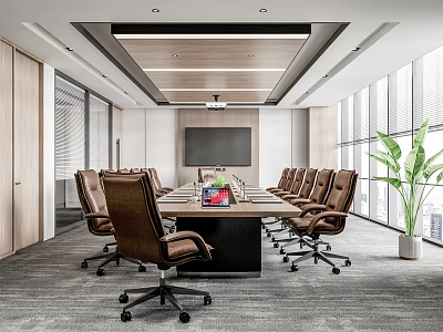 Modern Conference Room Interior With Long Table Brown Leather Chairs And Floor to Ceiling Windows 3d model