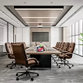 Modern Conference Room Interior With Long Table Brown Leather Chairs And Floor to Ceiling Windows