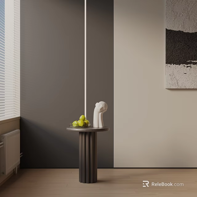 Side Table with Green Fruits and White Sculpture in Modern Interior with Abstract Painting 3d model 