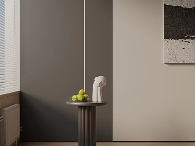 Side Table with Green Fruits and White Sculpture in Modern Interior with Abstract Painting 3d model