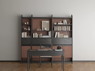 Modern Wooden Bookshelf with Books Decor Items Picture Frame Desk and Chair 3d model