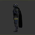 Futuristic Armored Character Standing In Dark Blue Armor With Yellow Accents And Cloak