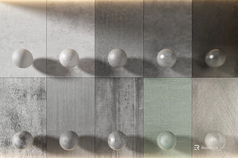 Gray Textured Background Wall Design With Various Material Panels And Decorative Round Spheres 3d model 