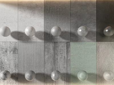 Gray Textured Background Wall Design With Various Material Panels And Decorative Round Spheres 3d model