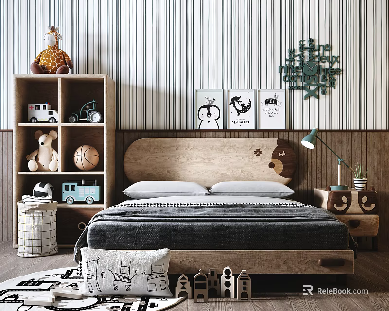 Wooden Children's Bed with Storage Bookshelf Toy Decor and Wall Art in Kids Bedroom 3d model 