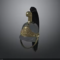 Ancient Military Helmet With Metallic Surface Golden Ornate Design And Black Plume