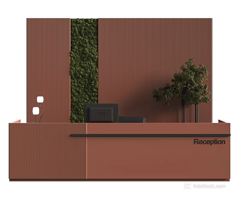 Brown Vertical Striped Reception Desk Featuring Green Living Wall Small Tree And Computer 3d model 
