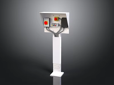 White Computer Control Panel Device With Red Yellow Buttons And Cable Connections On Vertical Stand 3d model
