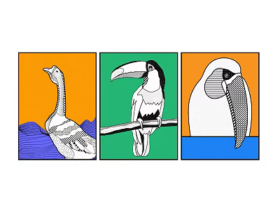 Vibrant Animal Paintings Featuring Three Birds On Orange Green Blue Backgrounds With Branch And Waves 3d model