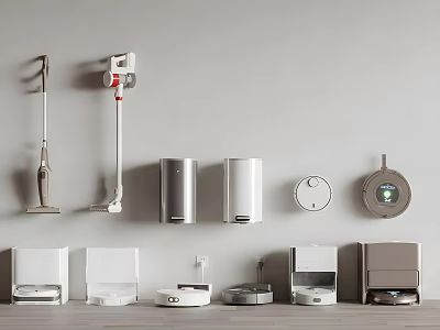 Various Household Electrical Appliances Displayed On Wall And Shelf In Modern Room 3d model