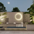 Tranquil Garden Feature Wall Design With Circular Lighting Moonlit Trees And Water Basin 3d model